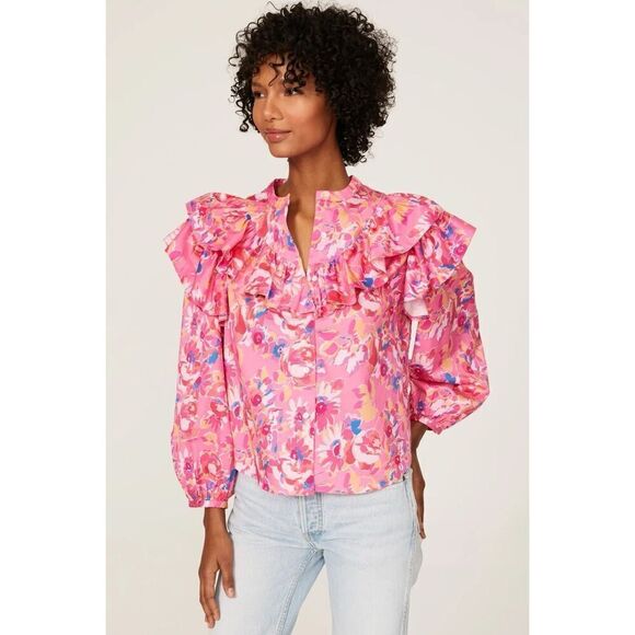 Something Navy Tops - Something Navy Women Multicolor Floral Ruffle Puff Sleeve Button Shirt Large